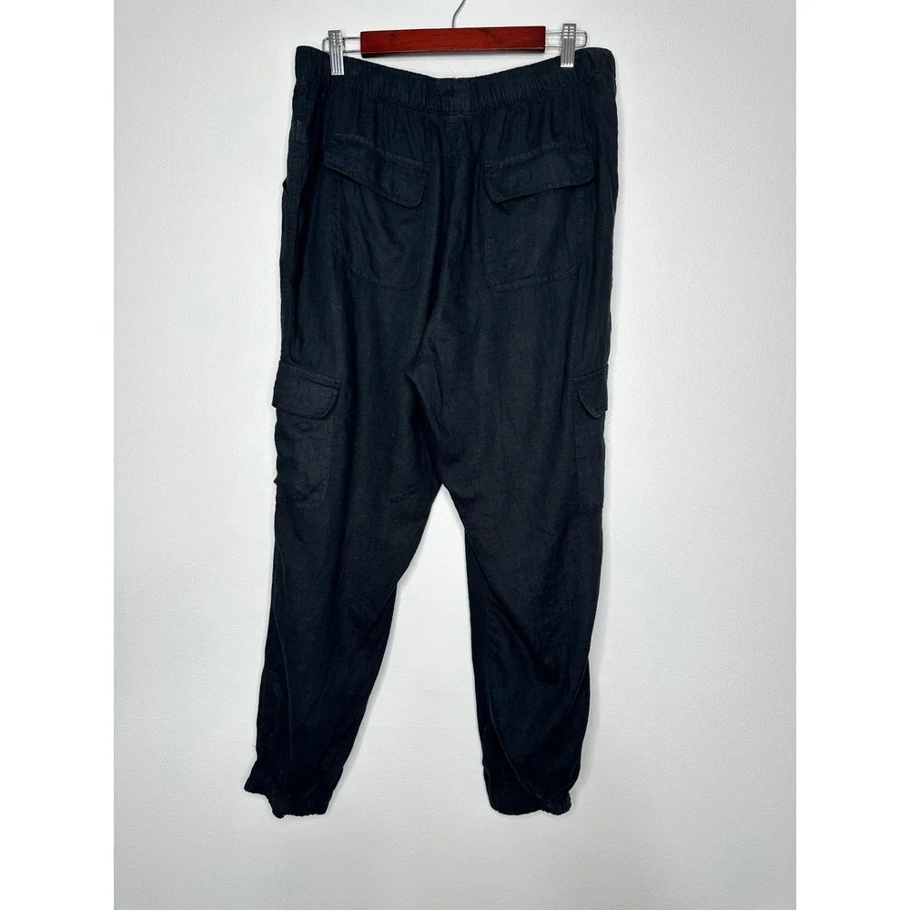 Nicole Miller Linen Cargo Joggers Pants Size XL Black Elastic Waist Pull on